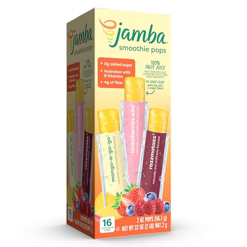 Image of Jamba Smoothie Pops Variety Pack, 16 Count - 100% Fruit Juice Freezer Pops, No Added Sugar, or Colors, 4g Fiber per Serving - Mango-a-go-go, Razzmatazz & Strawberries Wild