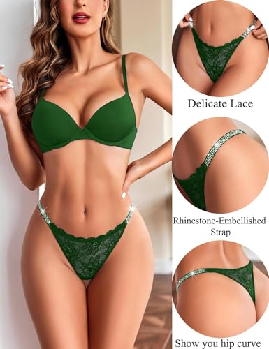 Image of Avidlove Lace Thongs for Women with Rhinestone-Embellished Strap Cheeky Underwear Sexy Panties 1-3 Pack