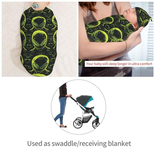 Image of Neon Green Aliens Head Newborn Swaddle Blankets Hat Sets Soft Baby Receiving Blanket Swaddle Sack for Baby Shower Infant Boy Girl Gift