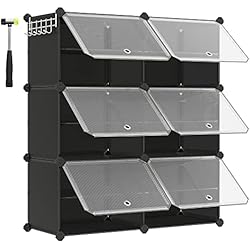 Estanteria Modular Leroy SONGMICS Mueble Zapatero, 6 Compartimentos, Estantería Modular, 30 x 40 x 30 cm Cada Cubo, con Puerta, Marco de Acero, Paneles de Plástico, Negro LPC033B01