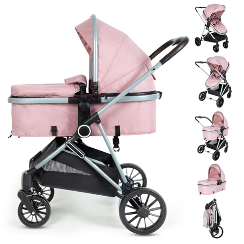 Image of 2-in-1 Baby Stroller with Bassinet Mode - Folding Infant Newborn Pram with Reversible Seat - for 0-36 Months Baby Girl Pink