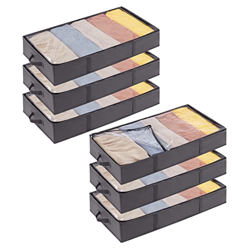 Lifewit Under Bed Storage Bag Organizer with Reinforced Handle Thick Fabric Clear Window Large Capacity Foldable Underbed Storage Container for Clothes Blankets Set of 6 Organization and Storage, Grey