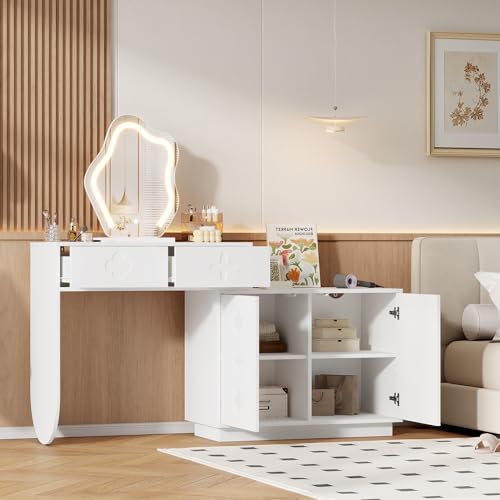 Tocador con espejo LED, temperatura de luz regulable en 3 posiciones, tocador con espejo, 2 cajones y un armario con 4 compartimentos de almacenamiento, para dormitorio, color blanco, 160 x 40 x 132