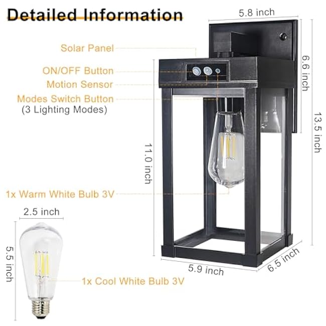 Solar Wall Lights Outdoor, Solar Sconce Lantern with 3 Lighting Modes & Motion Sensor, Porch Light Fixture Outside Waterproof with Clear Panel for Garage Yard Front Door Shed (2 Pack)