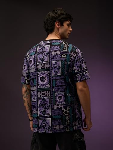 Image of The Souled Store Official Black Panther: Wakanda Tribe Men and Boys Short Sleeves Round Neck Black All Over Printed Cotton Oversized T-Shirts