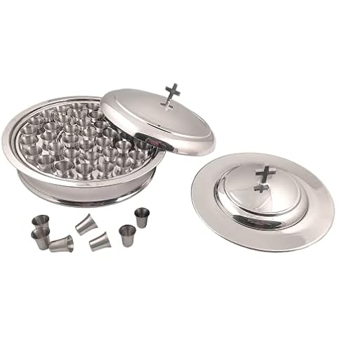 Communion Ware Holy Wine Serving Tray with a Cover and A Stacking Bread Plate with a Cover with Set of 40 Cups - Stainless Steel (Mirror/Silver) Cover