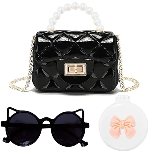 Crossbody Bag Set for Girls,Mini Pearl Toddler Purse,Little Girl Jelly Purse,Sunglasses Hair Mirror Brush,Birthday Gift