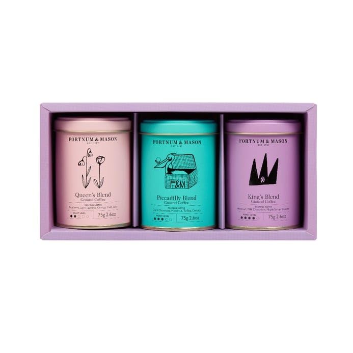 Fortnum and Mason House Blends Mini Coffee Selection - 3 x 75g Tins - Queen's, Piccadilly, and King's