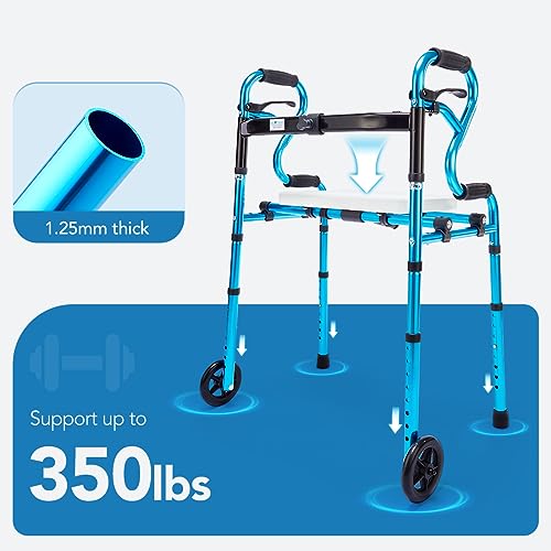 Health Line Massage Products 4 in 1 Folding Walker with Detachable Seat, Width Adjustable Folding Walkers with 5” Wheels and Extra 2 Skis, Compact Adults Walker for Seniors Support Up to 350lbs