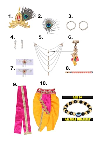Image of Krishna Dress for Kids, Baby Krishna Dress for Janmashtami with Krishna Mukut, Peacock Feather & Flute Embroidered Krishna Costume for Girl & Boy, 3 Months-8 Years