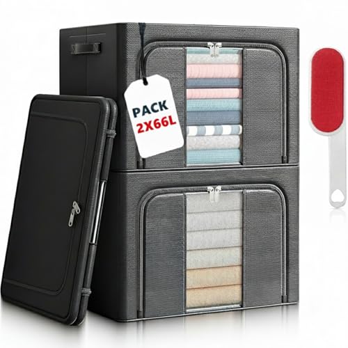 RICHXEL - 2 Cajas Almacenaje Ropa 66L para Armario de Tela Rígidas y Plegables con Tapa y Cremallera · Ventana Transparente - Caja Organizadora para Mantas y Juguetes con Quitapelusas de Regalo