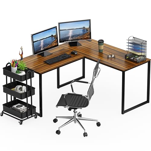 Image of SHW Mission 55 x 60 Inches L-Shape Home Office Computer Desk, Walnut