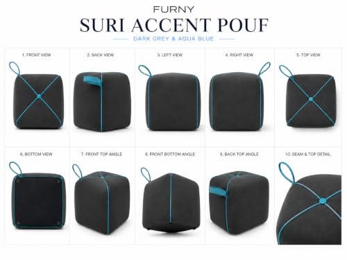 Image of FURNY Signature Regalia Suri Accent Pouf | Boston Fabric | 40D High-Density Foam | (Ash Grey with Ocean Blue Piping) | Footrest, Vanity Ottoman & Accent Seat for Home, Office & Hotel