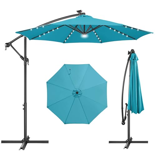 Image of Solar Offset Patio Umbrella - 10 FT Solar Cantilever Umbrella Outdoor with 40 LED Lights and Cross Base, UV Protection for Garden, Deck, Backyard, Pool, Porch, Aqua Blue
