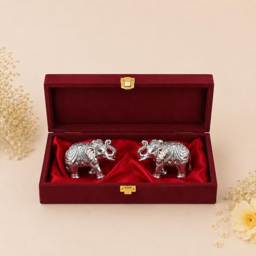 Image of DIVINITI 999 Silver Plated Elephant Pair Showpiece | Luxury Velvet Gift Box Included | Antique Finish Vastu Decor for Prosperity & Good Luck | Home, Office & Temple Decoration | 9.5 x 13 cm