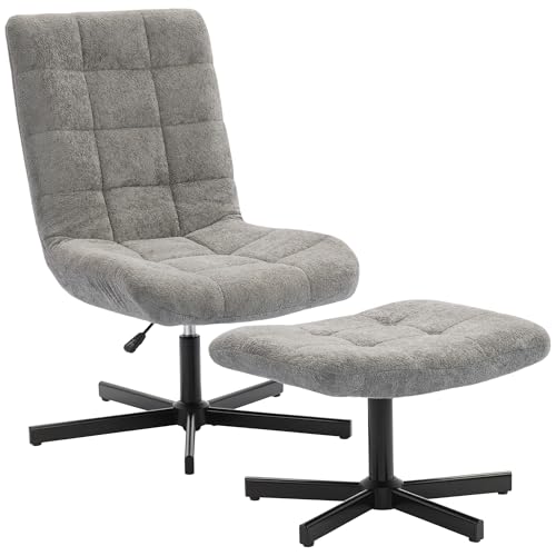 HOMCOM Sillón con reposapiés, sillón giratorio de terciopelo sin reposabrazos, altura regulable, respaldo reclinable en 4 posiciones, asiento acolchado, sillón reclinable para salón y dormitorio, gris