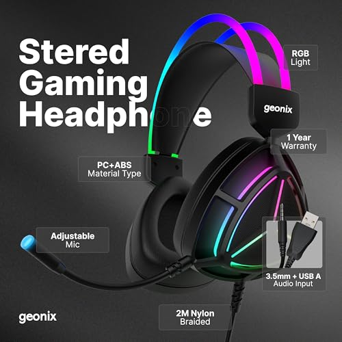 Image of Geonix Audicle Tres Stereo Wired Gaming Over Ear Headphone with RGB Light, 50mm Neodymium Driver, 2 Mtr braided Cable, Flexible mic, Extra Soft Cushion, Suspension Headband, 3.5mm+USB Connector(Black)