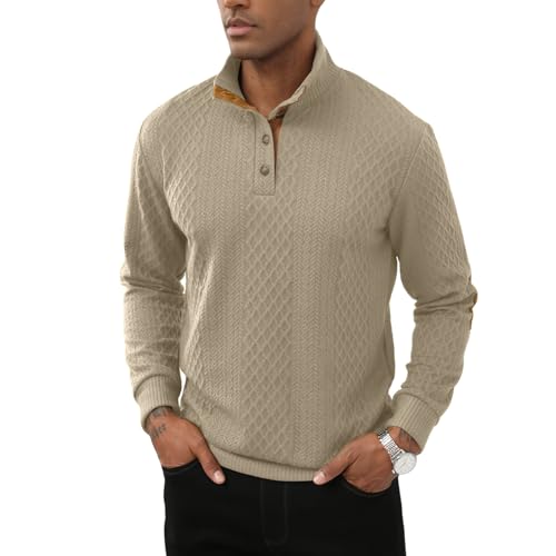 Lexiart Mens Casual Knitted Pullover Sweater Long Sleeve Stand Collar Vintage Button Sweaters with Elbow Patches3