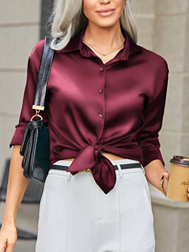 HOTOUCH Women Satin Silk Button Down Shirt Ladies Long Sleeve Tops V Neck Loose Blouse Dressy Business Casual Work Tunic Fall4