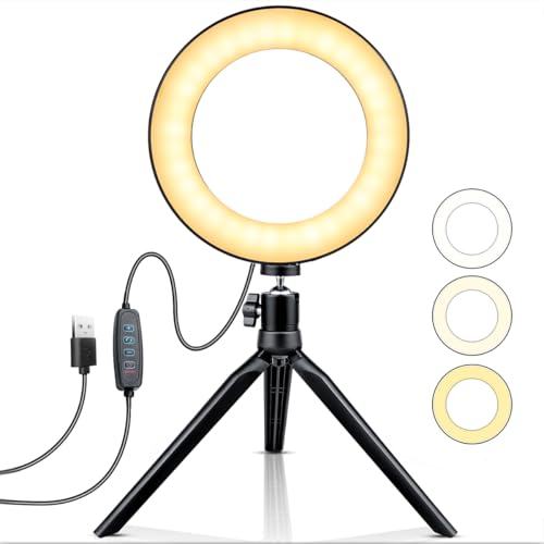 Anel de luz de 15 cm com suporte e 10 níveis de brilho, luz de selfie para reuniões remotas, YouTube