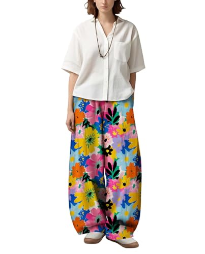 Womens Baggy Pants Floral Print Wide Leg Trousers Casual Elastic Waist Lantern Pant with Pockets for 2025 Summer
