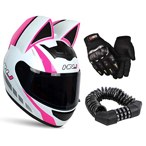 Personality Cat Ear Full Face Motorcycle Street Helmets Men Women Cat Helmet with Ears, with Gloves & Password Lock,Pink White,L