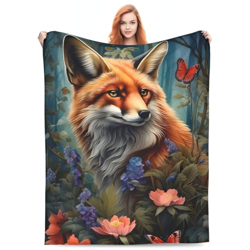 amepay Fox Blanket Gifts for Kids Girls Forest Flowers Animal Butterfly Flannel Throw Blankets Soft Comfy Lightweight for Home Decor Couch Bed Sofa 80x60 Inches