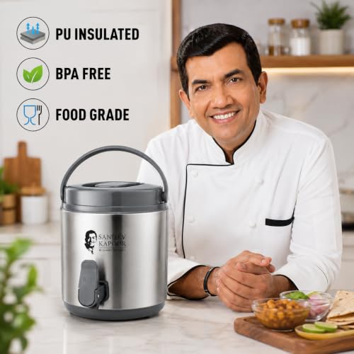 Image of Sanjeev Kapoor by Classic Essentials 8.5L Stainless Steel Vacuum Insulated Thermo Jug - Double Wall Water Dispenser for Hot & Cold Beverages, Silver (8500ml)