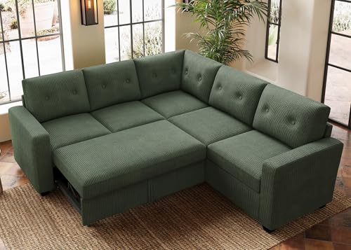 Image of HONBAY 83.4 Inch U-Shaped Sectional Sleeper Sofa with Pull-Out Bed, 5-Seater Sectional Sofa for Living Room, Pet-Resistant Corduroy Couch, Green