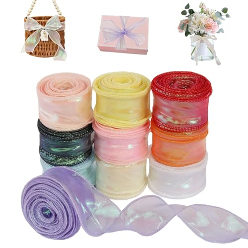 Cinta de organza iridiscente, 10 rollos de cinta de organza con purpurina, cinta de seda brillante, cinta de gasa para envolver regalos, manualidades, lazos, árbol de Navidad, 4 cm x 9 m
