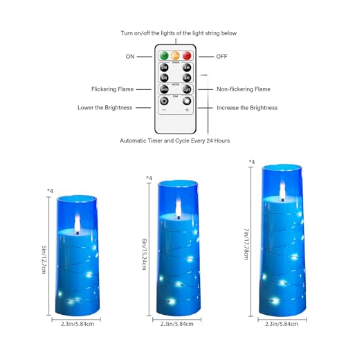 Image of Sasigeiaa Flameless Candles with Embedded Star String - Battery Operated LED Candles, with Remote,12 Blue Flickering Candles for Christmas, Weddings, Home Decor & Party,(D 2.3 inchxH 5 inch 6 inch 7 inch)