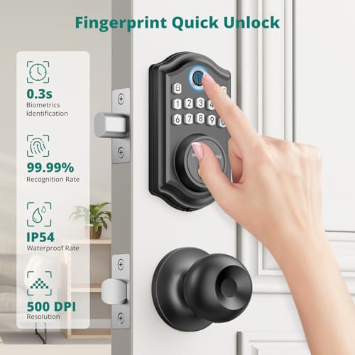 Image of AkaGear DS10 Keyless Entry Door Lock, Fingerprint, Exterior Door Knob Handle, 2 Keys, Electronic Keypad, One-time Code, Smart Locks for Front Door, Bedroom, Auto-Lock, Easy Installation - Matte Black