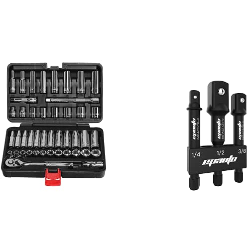 EPAuto 45 Pieces 3/8-inch Drive Socket Set with 72-Tooth Pear Head Ratchet + EPAuto Impact Socket Adapter Set, CR-V, 3 Pieces