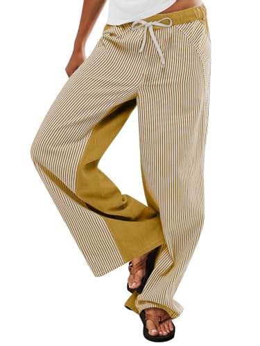PEIHOT Niedrige Leibhöhe, gestreifte Hose für Damen, zum Hineinschlüpfen, Kordelzug, Boho-Jeans, weites Bein, trendig 2025, Senfgelb, M