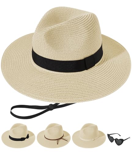 Sun Hats for Women Straw Panama Hat Wide Brim Fedora Beach Hat Packable UV UPF 50+ Summer Hat, C-Beige