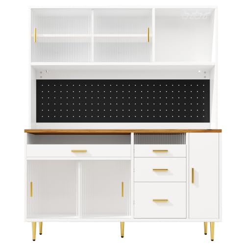 vutizal Armario alto para salón con iluminación LED, sistema de estantería regulable en altura, puertas correderas de cristal, solución de almacenamiento modular, armario con botellero, blanco, 145 ×