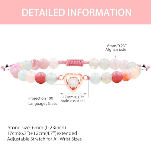Image of Uloveido Mom Daughter Natural Stone Bracelets Gift - I Love You 100 Languages Bracelets Heart Charm Projection Bracelets Set for Mothers Daughters of 1 2 3pc YA4748