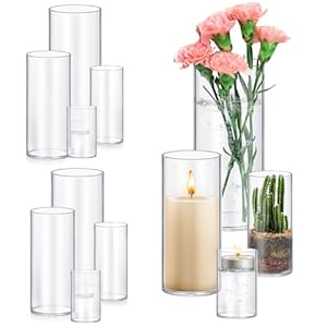 8 Pack Glass Cylinder Vases 4,6,8,10 Inch Tall Clear Flower Vase Hurricane Floating Candle Holder for Table Centerpiece Wedding Home Decor