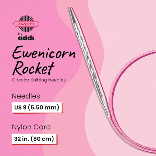 Image of skacel by addi Ewenicorn Rocket Circular Knitting Needles, Fixed 32 Inch (80 cm) White Chrome Plated Brass Tips with Flexible Nylon Cord, 5.5 mm (US Size 9)