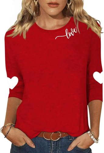 Image of Women's Valentine 3 /4 Sleeve Round Neck Shirt Funny Love Heart Graphic Tee Casual Couple Top Blouse