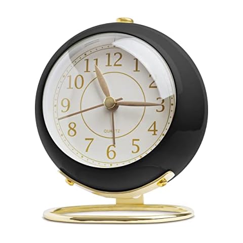 SHISEDECO Small Tableclocks Classic Non-Ticking Tabletop Alarm Clock with Backlight, Battery Operated Astronaut Deskclock with HD Glass for Living Room Bedroom Bedside Indoor Decor (Black Gold) Cover