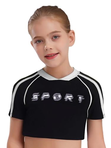 TiaoBug Kids Girls Color Block Letter Print Crop Top Short Sleeve V-Neck T-Shirt Tees for Dance Workout
