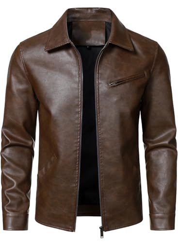 HOOD CREW Mens Classic Faux Leather Jackets Turn Down Collar Leather Coat Lightweight Outerwear Biker Jacket Coffee M