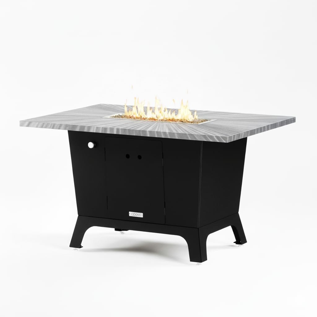 COOKE Palisades Fire Pit Table 52" x 36" x 30" – Aluminum Top, Black Base, 60K BTU Gas, Propane/Natural Gas Compatible, with Windscreen (Brushed Aluminum, Natural Gas)