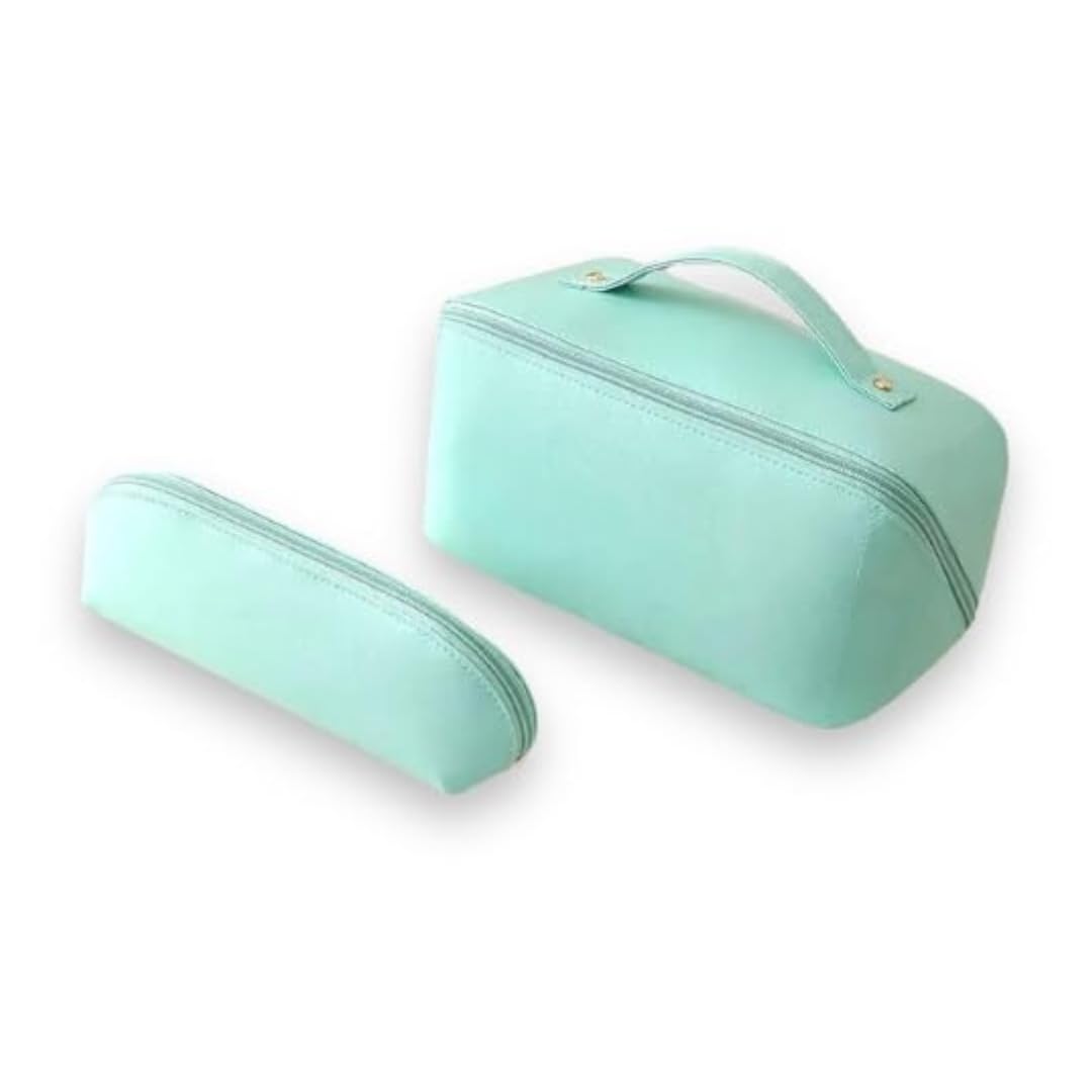 BLUE BEADS 2pcs Set Women PU Leather Cosmetic Bag with Makeup Brush Bag Multifunction Toiletries Organizer Portable Travel Waterproof Makeup Pouch Toiletry Bag for Women and Girls (Light Green)-image-49