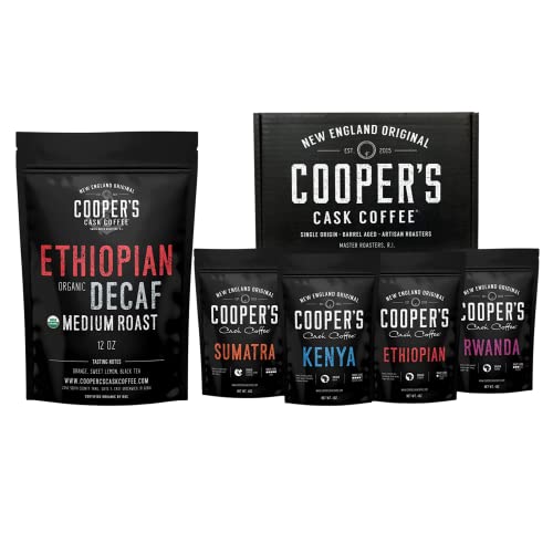 Gourmet Coffee Sampler Gift Box Set – Ground Coffee – 4 bags – 1lb Total and Organic Ethiopian Decaf Swiss Water Processed SWP, Ground Coffee (12oz Ground)
