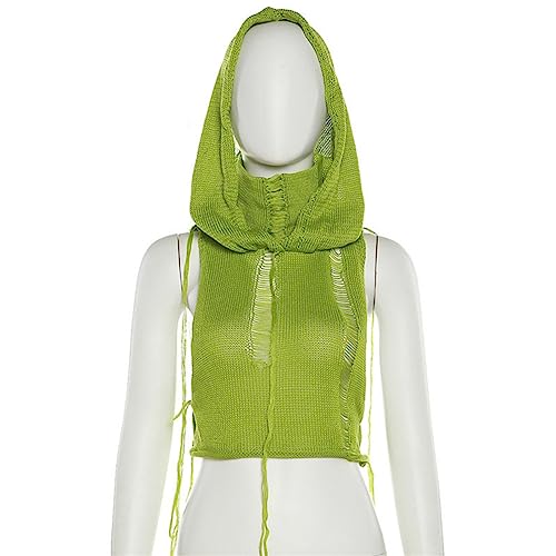 Image of Women Knitted Hoodie Sweater Vest Sexy Sleeveless Hollow Out Hooded Crop Top Streetwear Rave Oufit