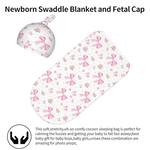 Image of Pink Bow Floral Newborn Baby Swaddle Blanket Baby Stuff,with Beanie hat Sets, Soft Gifts for Unisex Boys Girls Shower Infant