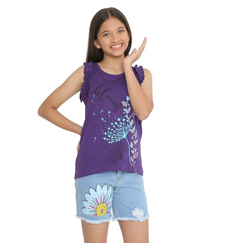 Image of TotzTouch Kids Girls Flowe printed Blue Denim Shorts With Sleeveless Tshirt | Shorts Set | Clothing Set Pack of 1 (3 Years to 15 Years)