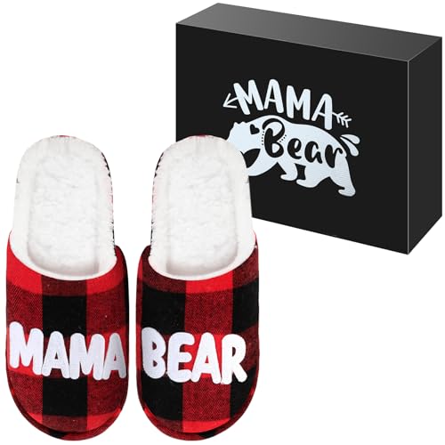 Women's Christmas Plush Slippers for Mom - Buffalo Plaid Mama Bear Theme